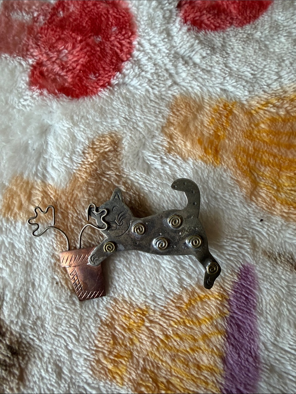 Whimsical Cat & Potted Plant Metal Pin - Gray and Copper Accent